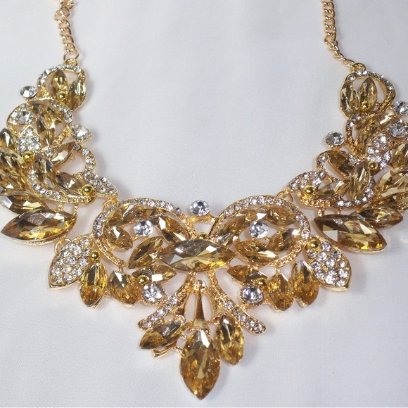 Champagne Rhinestone Necklace Set (BRIDAL, WEDDING, PROM, QUINCEÑERA, PAGENT) - Picture 2 of 9